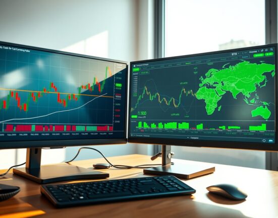 EUR/USD price forecast analysis showing bullish chart patterns on trading desk monitors.