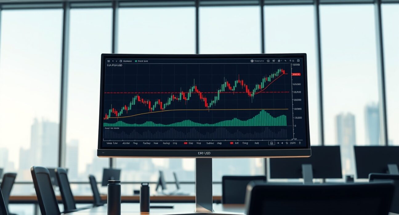Professional trading desk analyzing EUR/USD price chart and RSI indicator for market forecast.