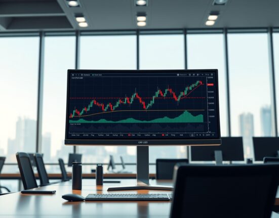 Professional trading desk analyzing EUR/USD price chart and RSI indicator for market forecast.