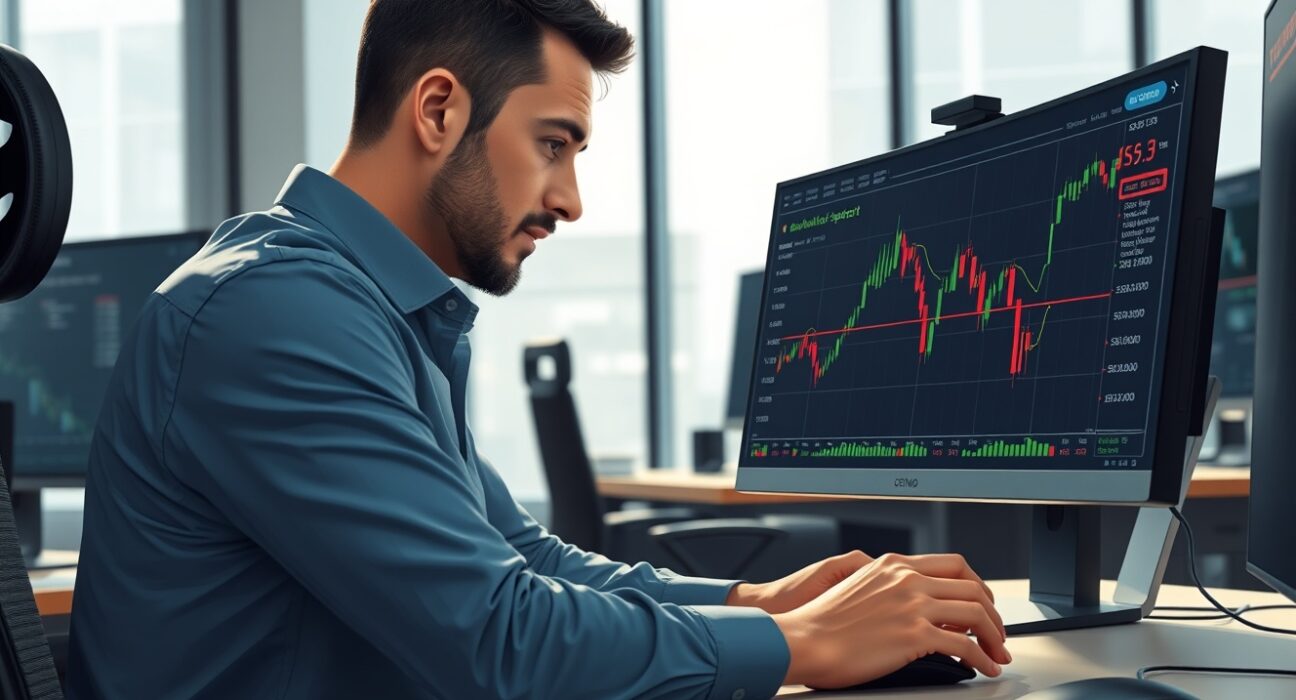 Trader analyzing EUR/USD price chart showing a symmetrical triangle pattern for forex market forecast.