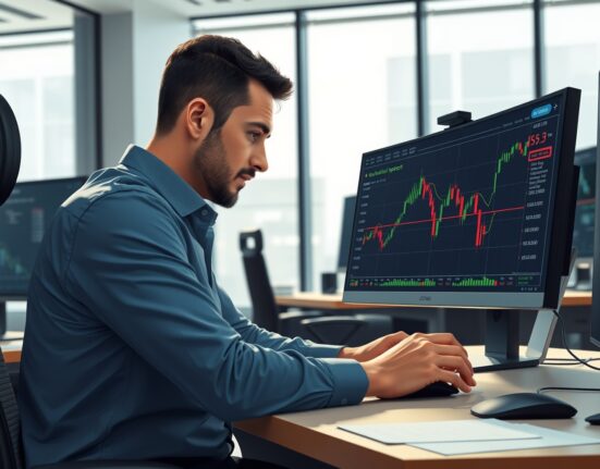 Trader analyzing EUR/USD price chart showing a symmetrical triangle pattern for forex market forecast.