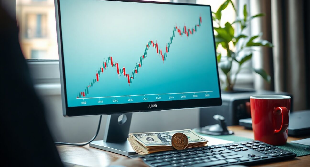 EUR/USD chart showing an upward trend on a computer screen in a professional trading environment
