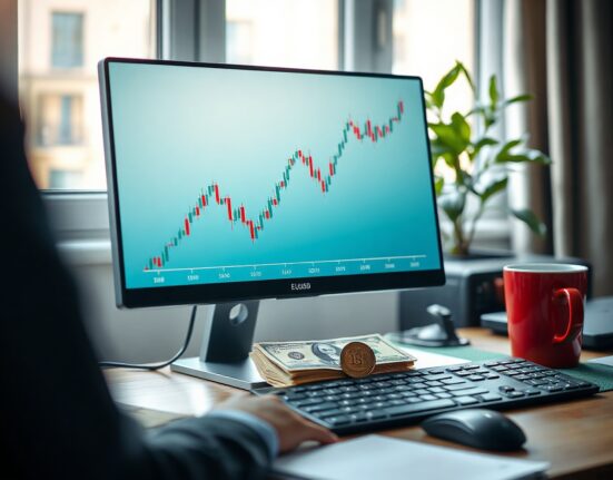 EUR/USD chart showing an upward trend on a computer screen in a professional trading environment