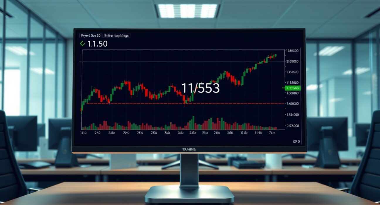 EUR/USD currency chart analysis showing consolidation at the 1.1530 level on a professional trading desk.