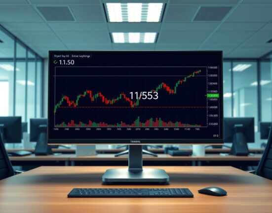 EUR/USD currency chart analysis showing consolidation at the 1.1530 level on a professional trading desk.
