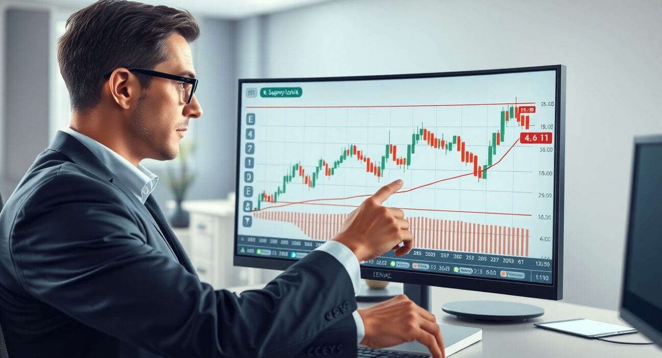 Financial analyst examining EUR/USD price chart highlighting key support levels for forex traders.