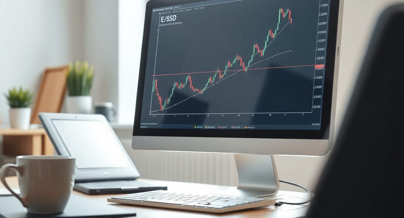 EUR/USD trading chart on a computer screen with an upward trend line approaching the 1.1565 resistance level.