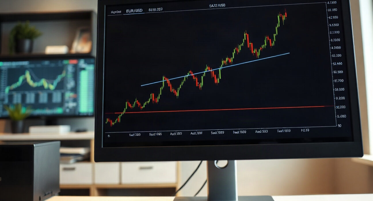 EUR/USD price chart on a monitor in a trading office, indicating potential rise toward 1.1800