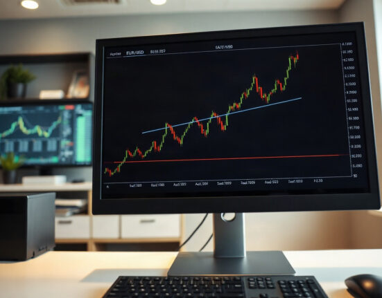 EUR/USD price chart on a monitor in a trading office, indicating potential rise toward 1.1800