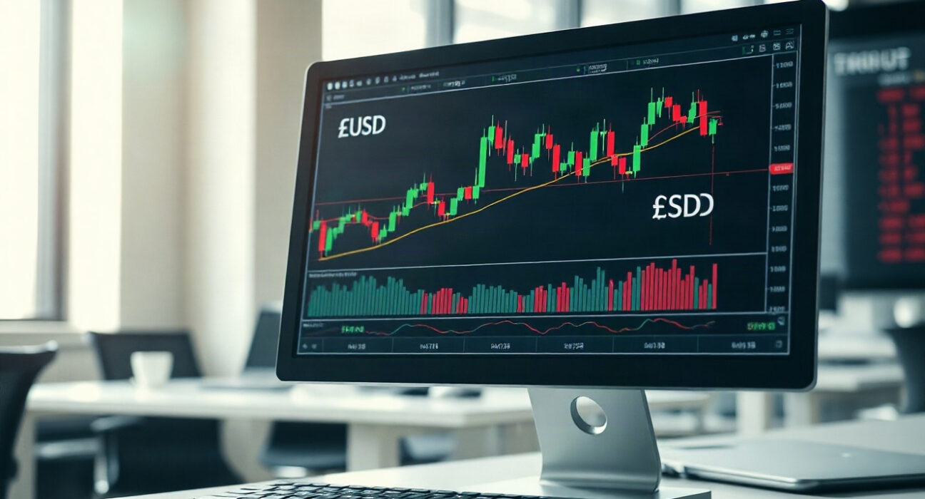 EUR/USD price chart on a trading monitor in a modern office, reflecting market analysis.