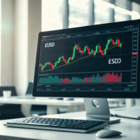 EUR/USD price chart on a trading monitor in a modern office, reflecting market analysis.