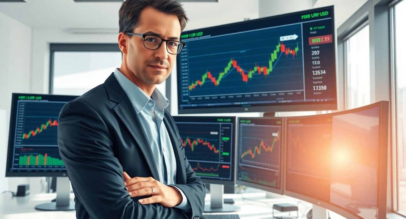 Financial analyst reviewing EUR/USD currency charts showing bullish trends supported by foreign investment inflows