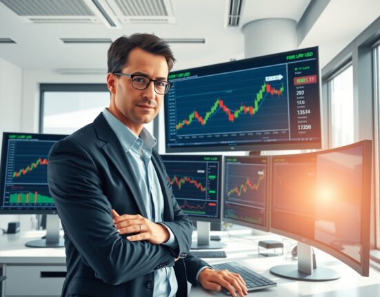 Financial analyst reviewing EUR/USD currency charts showing bullish trends supported by foreign investment inflows