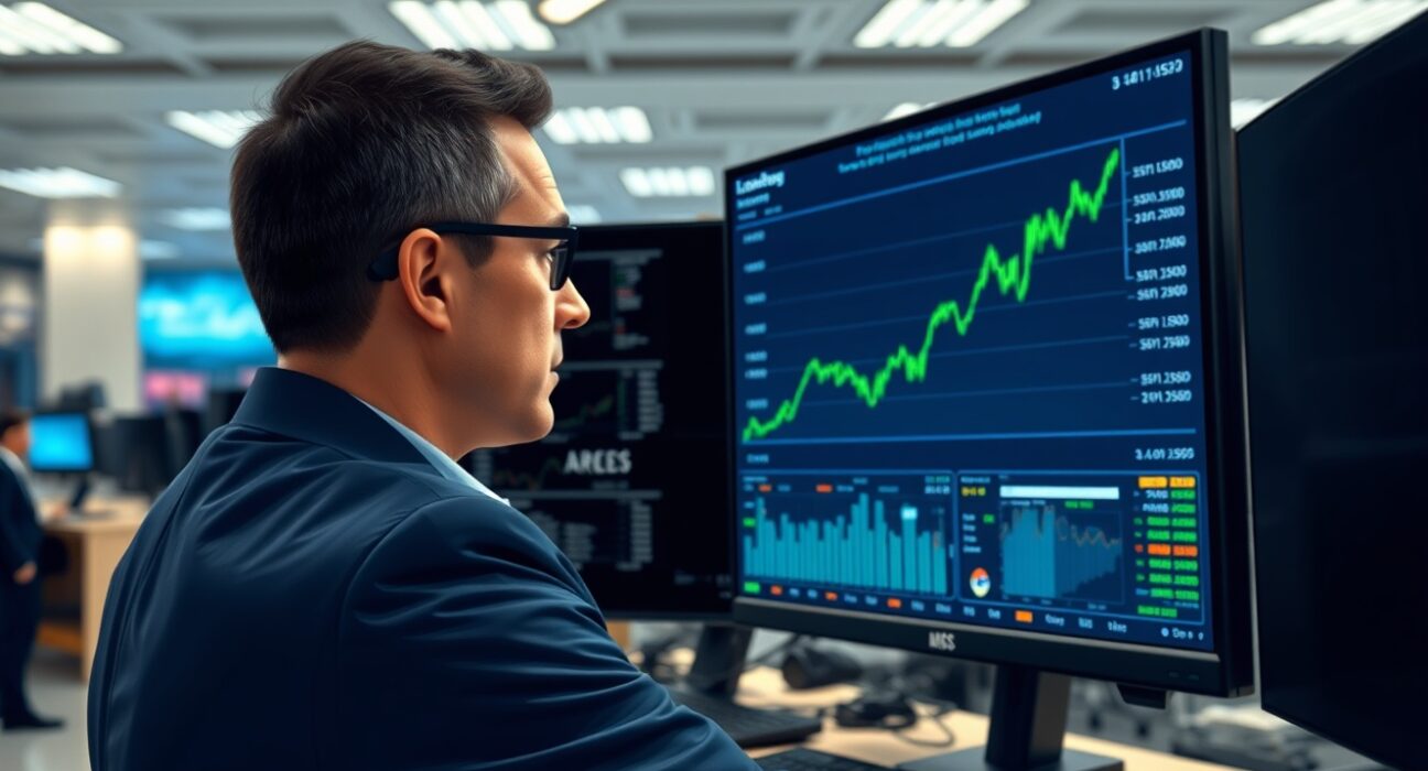 Trader analyzing a rising EUR/USD chart on a Bloomberg Terminal, representing the currency pair's recent surge.