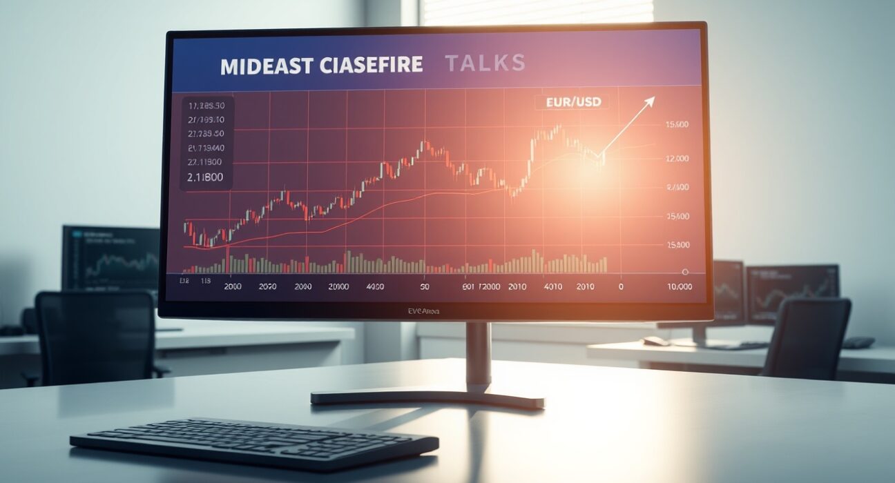 EUR/USD forex chart holding above 1.1800 amid Middle East ceasefire news on a trading desk.