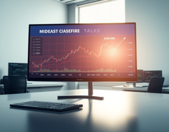 EUR/USD forex chart holding above 1.1800 amid Middle East ceasefire news on a trading desk.