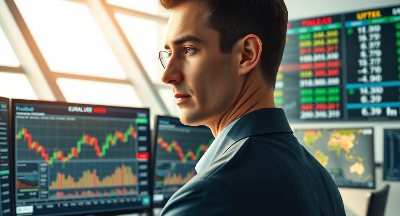 Financial analyst examining EUR/USD currency charts amid geopolitical developments and ECB policy analysis