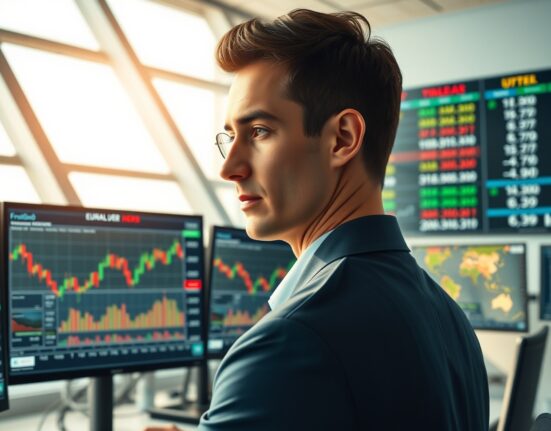 Financial analyst examining EUR/USD currency charts amid geopolitical developments and ECB policy analysis