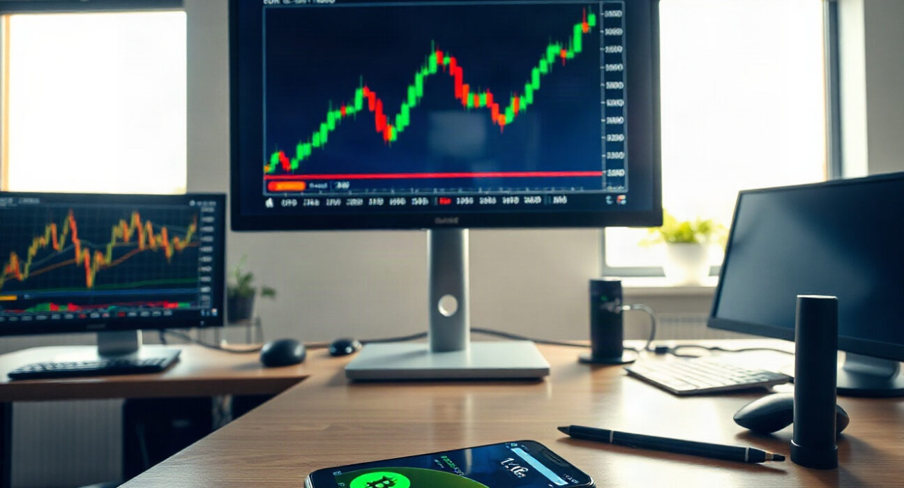 Financial market screens showing EUR/USD, gold, silver, and crypto charts in a modern office