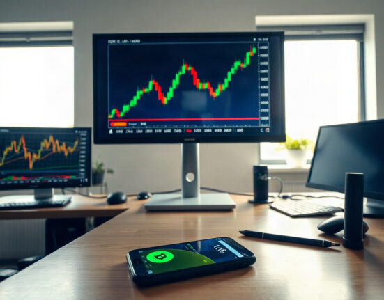 Financial market screens showing EUR/USD, gold, silver, and crypto charts in a modern office