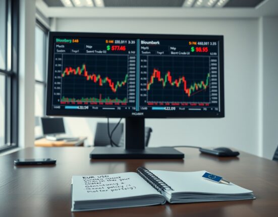 EUR/USD and oil price analysis on trading terminal showing market volatility and ECB policy impact.
