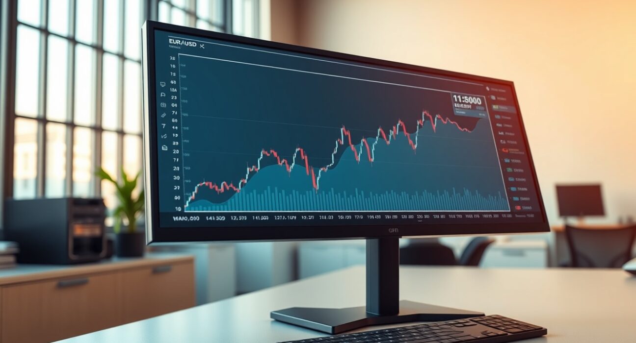 EUR/USD forex chart trending upward past the 1.1600 level on a trading desk monitor.