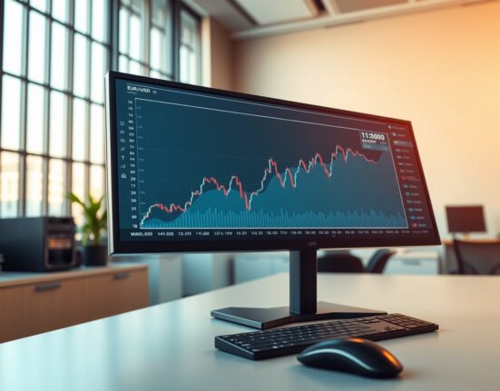 EUR/USD forex chart trending upward past the 1.1600 level on a trading desk monitor.