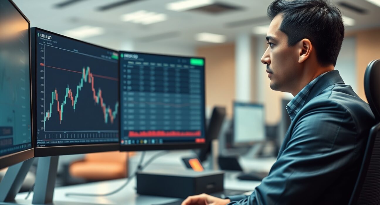 Trader analyzing EUR/USD forex chart showing an upward price movement on a professional trading desk.