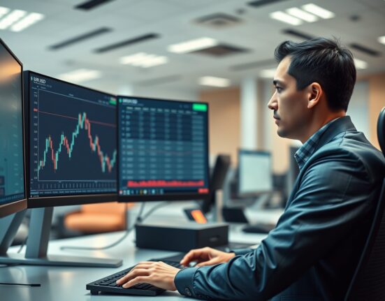 Trader analyzing EUR/USD forex chart showing an upward price movement on a professional trading desk.
