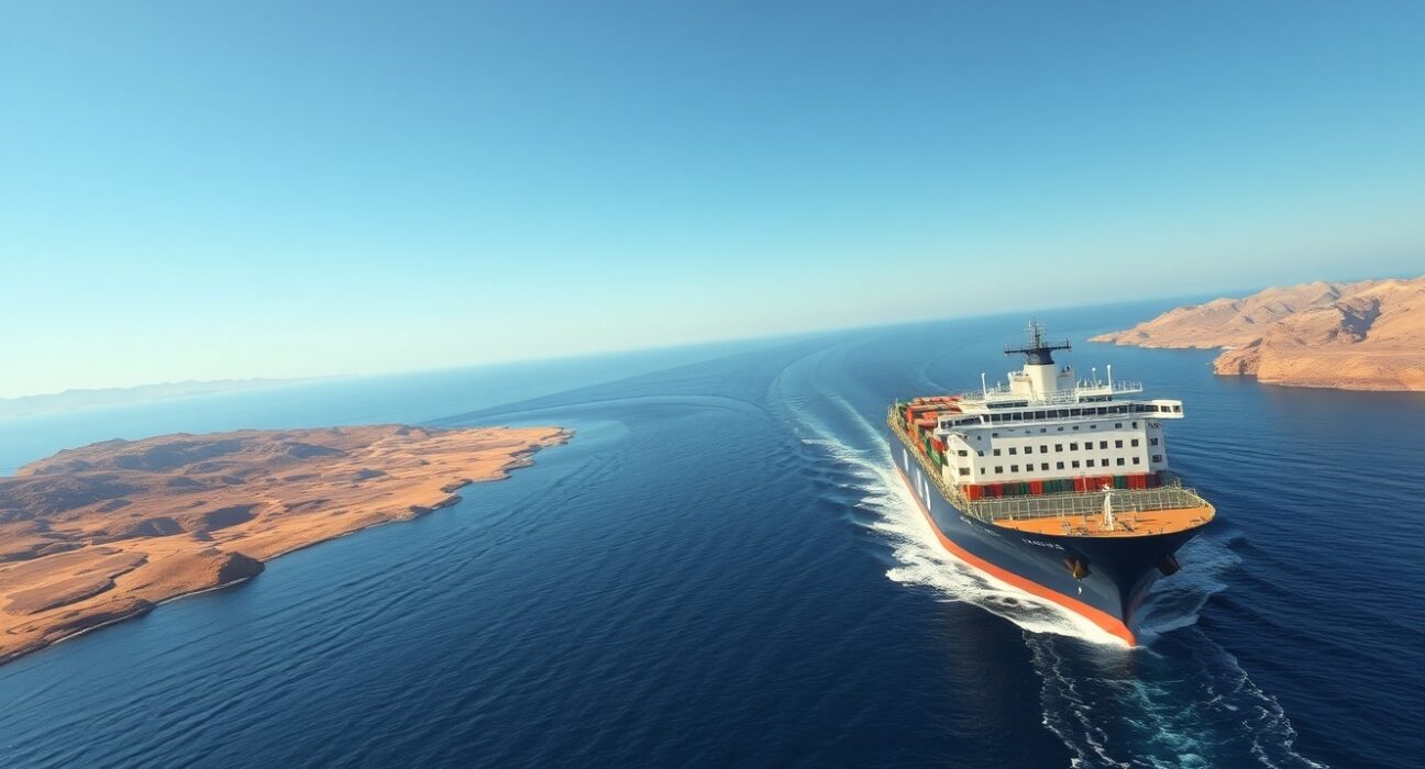 Ship transiting the Strait of Hormuz after Iran reopened the vital oil shipping lane.