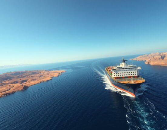 Ship transiting the Strait of Hormuz after Iran reopened the vital oil shipping lane.