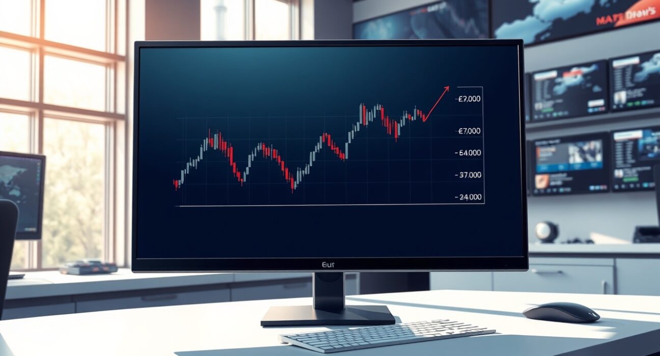 EUR/USD forex chart analysis on a professional trading desk monitoring currency pair movements.