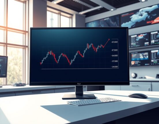 EUR/USD forex chart analysis on a professional trading desk monitoring currency pair movements.