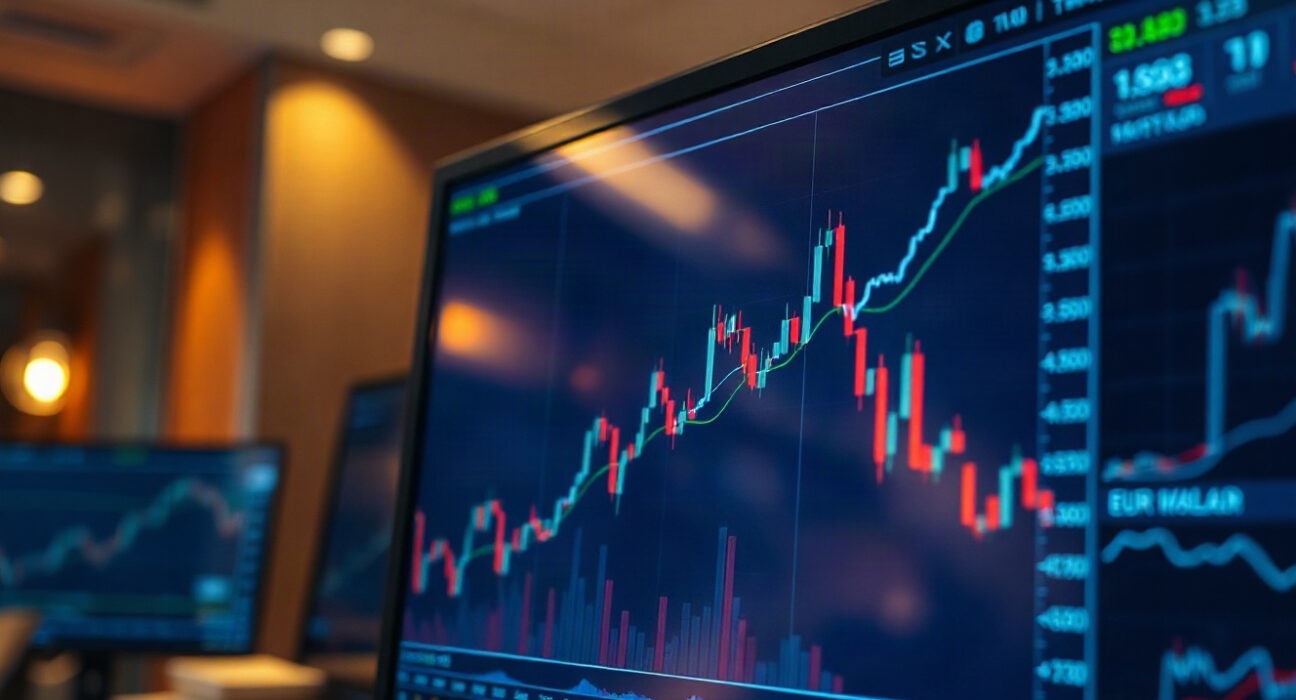 EUR/USD currency chart showing an upward trend on a trading screen