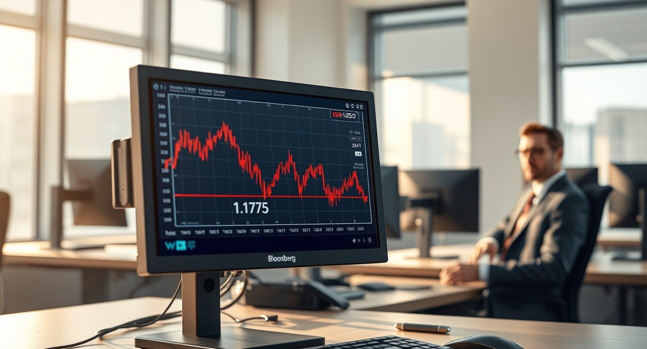 EUR/USD chart showing a decline to 1.1775 on a financial trading terminal, analyzing currency market movements.
