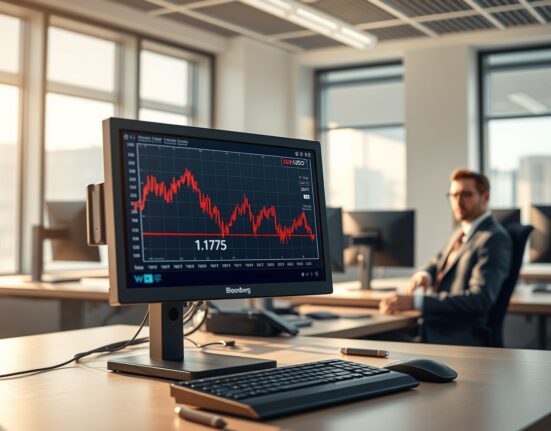 EUR/USD chart showing a decline to 1.1775 on a financial trading terminal, analyzing currency market movements.
