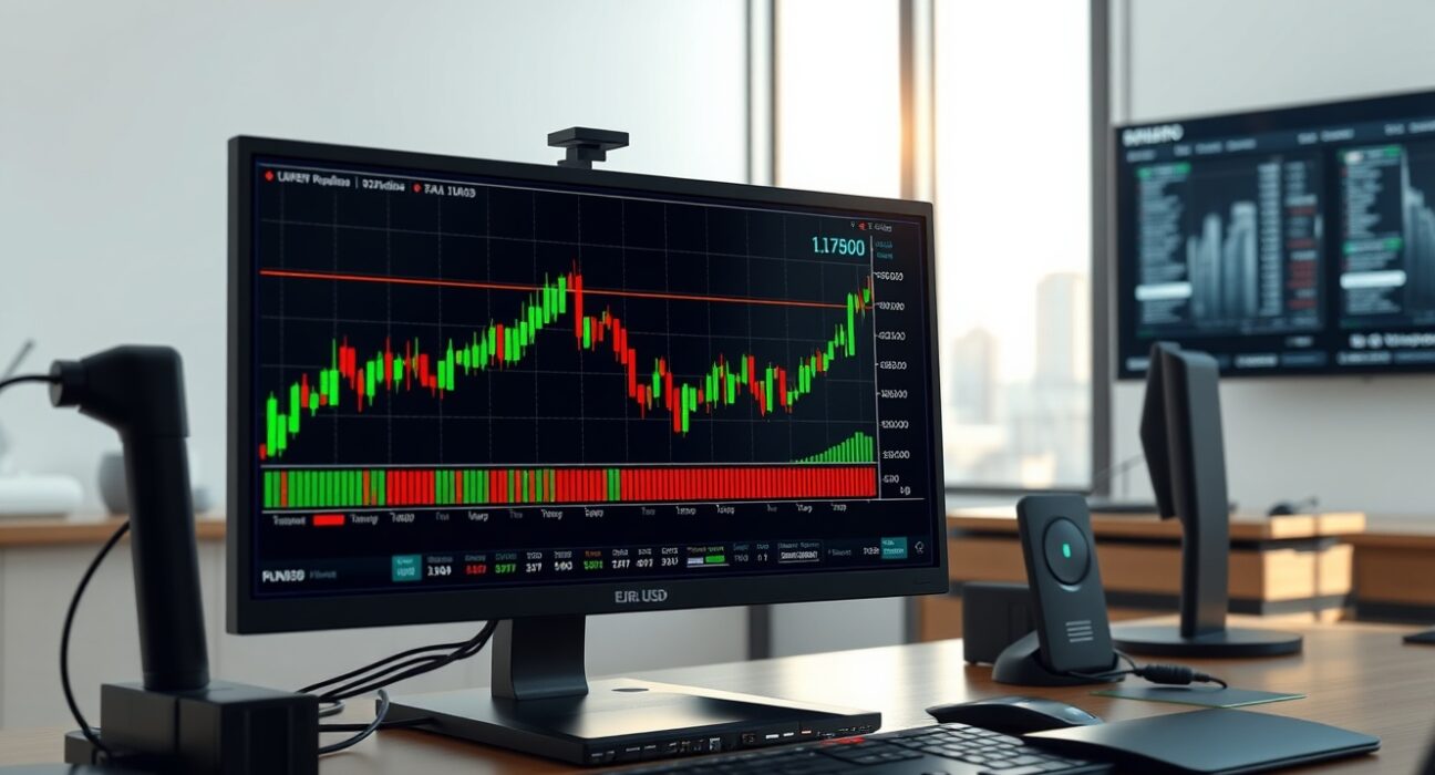 EUR/USD exchange rate chart analysis showing price holding near 1.1700 on a professional trading desk.