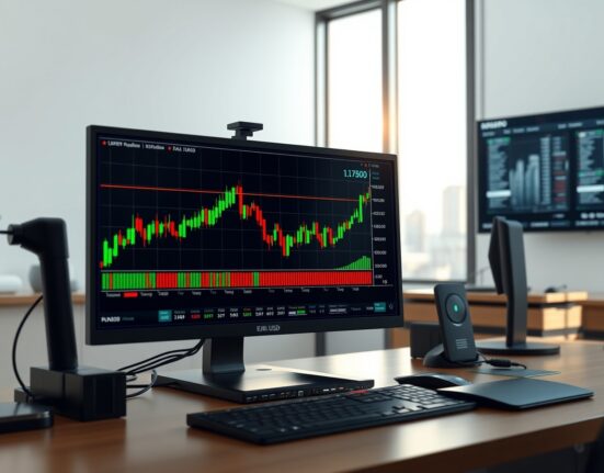 EUR/USD exchange rate chart analysis showing price holding near 1.1700 on a professional trading desk.