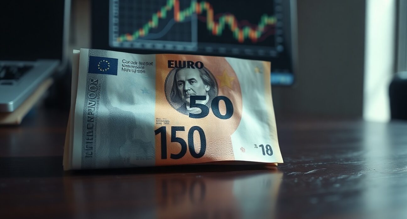 Euro banknote and US dollar bill overlapping on a desk, representing EUR/USD currency pair analysis