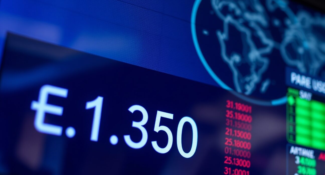 EUR/USD exchange rate board at 1.1350 with geopolitical map background showing Strait of Hormuz