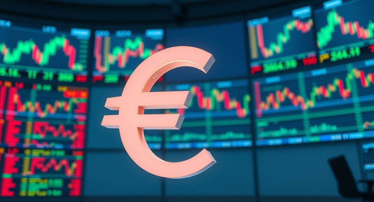 EUR/USD price forecast chart showing the euro and dollar symbols against a trading floor background
