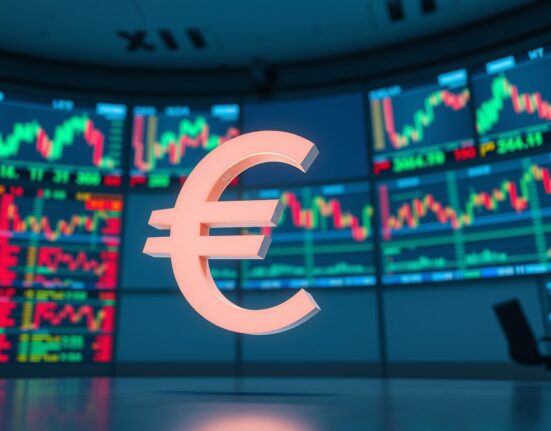 EUR/USD price forecast chart showing the euro and dollar symbols against a trading floor background