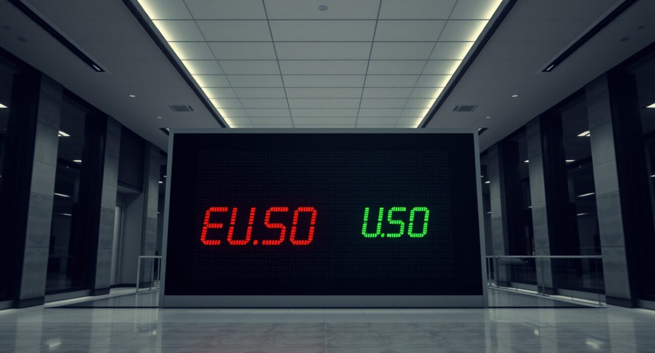 Digital currency exchange board showing EUR/USD exchange rate near two-week high