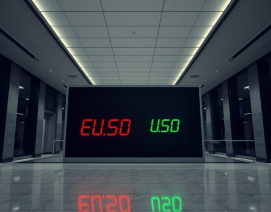 Digital currency exchange board showing EUR/USD exchange rate near two-week high