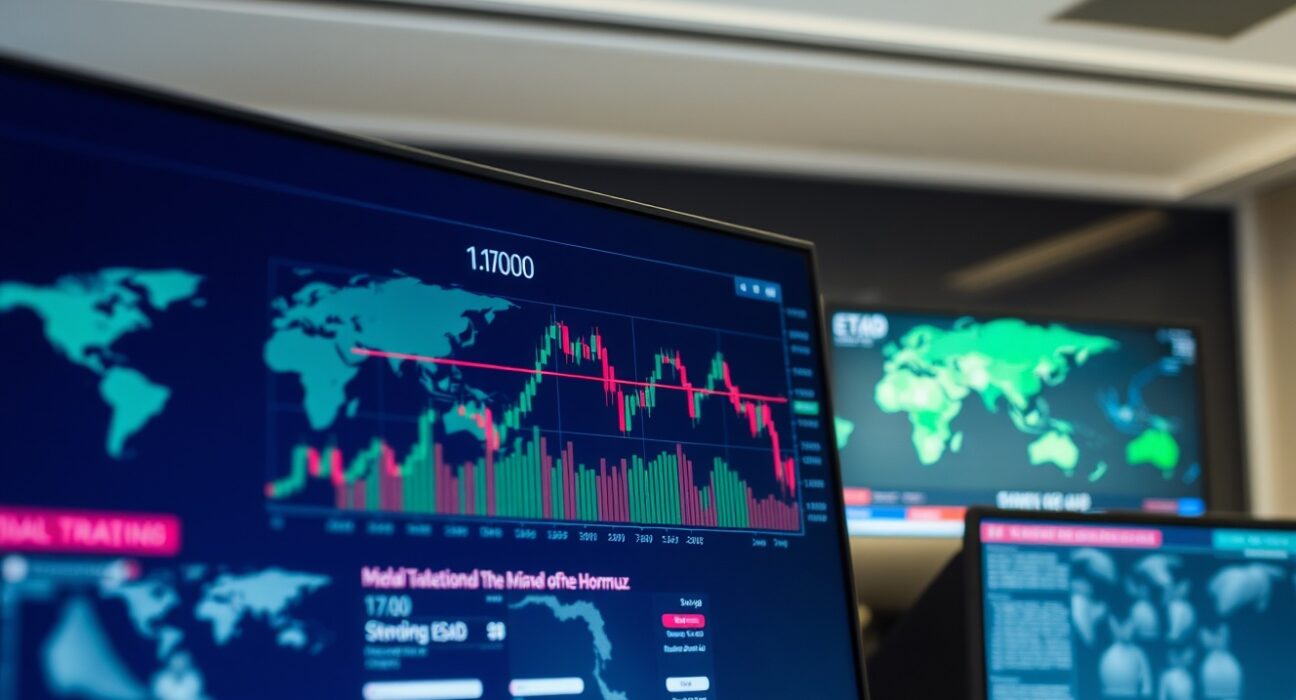 Forex trading terminal showing EUR/USD at 1.1700 amid Trump Hormuz blockade tensions.