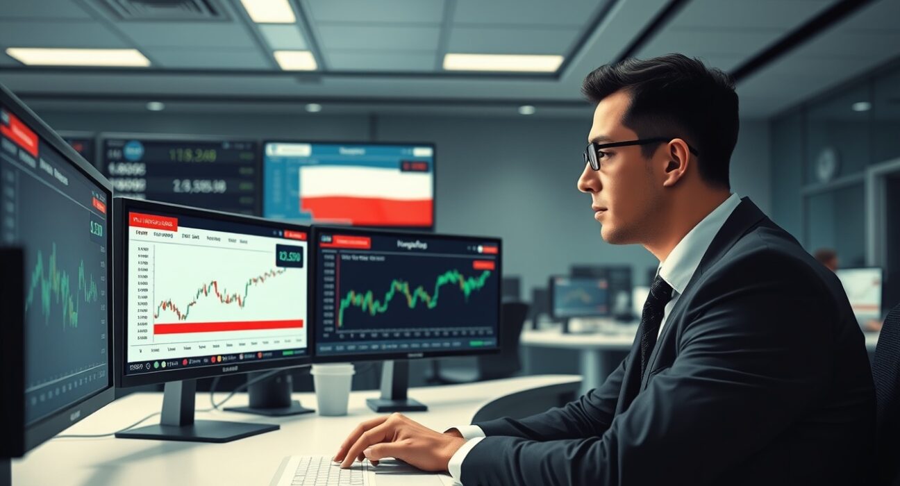 Financial analyst examining EUR/USD currency charts with Hungarian political news context for forex trading insights