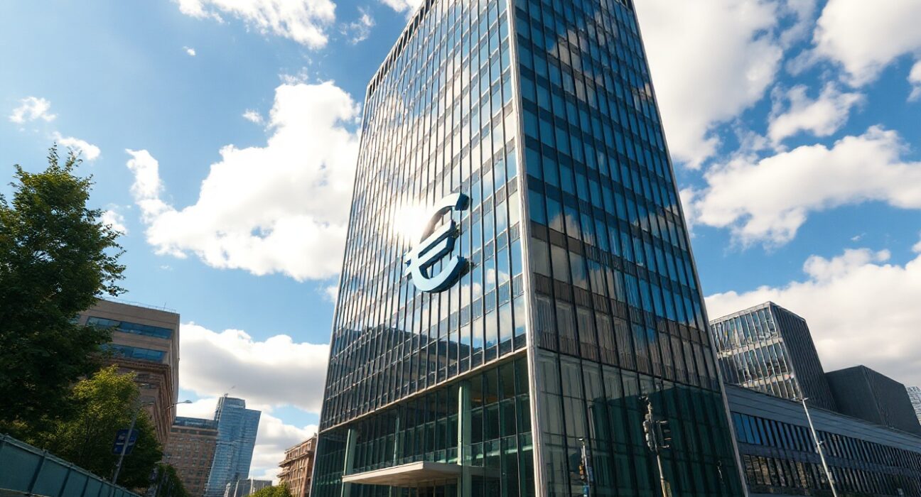 European Central Bank headquarters in Frankfurt under a partly cloudy sky, representing Eurozone monetary policy and currency outlook.
