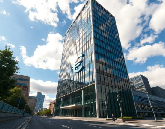European Central Bank headquarters in Frankfurt under a partly cloudy sky, representing Eurozone monetary policy and currency outlook.