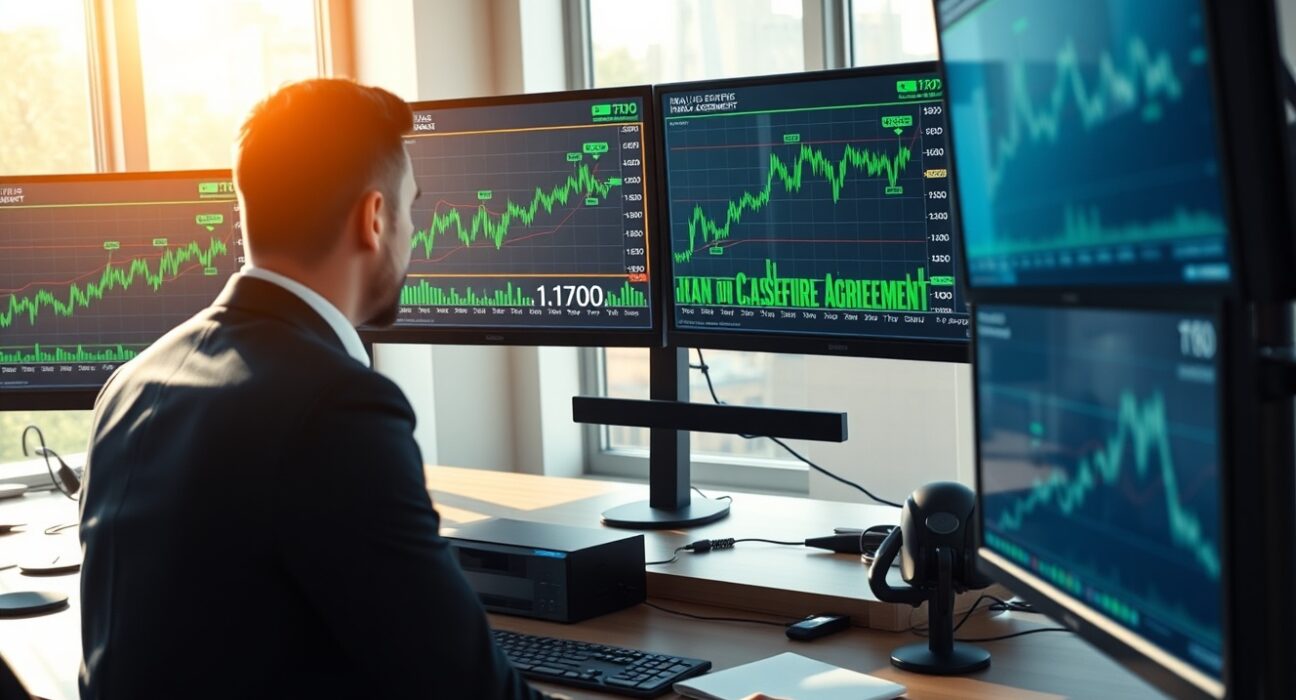 EUR/USD forex trading charts reacting to Iran ceasefire news on professional trading desk monitors
