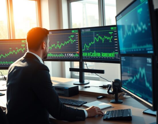 EUR/USD forex trading charts reacting to Iran ceasefire news on professional trading desk monitors